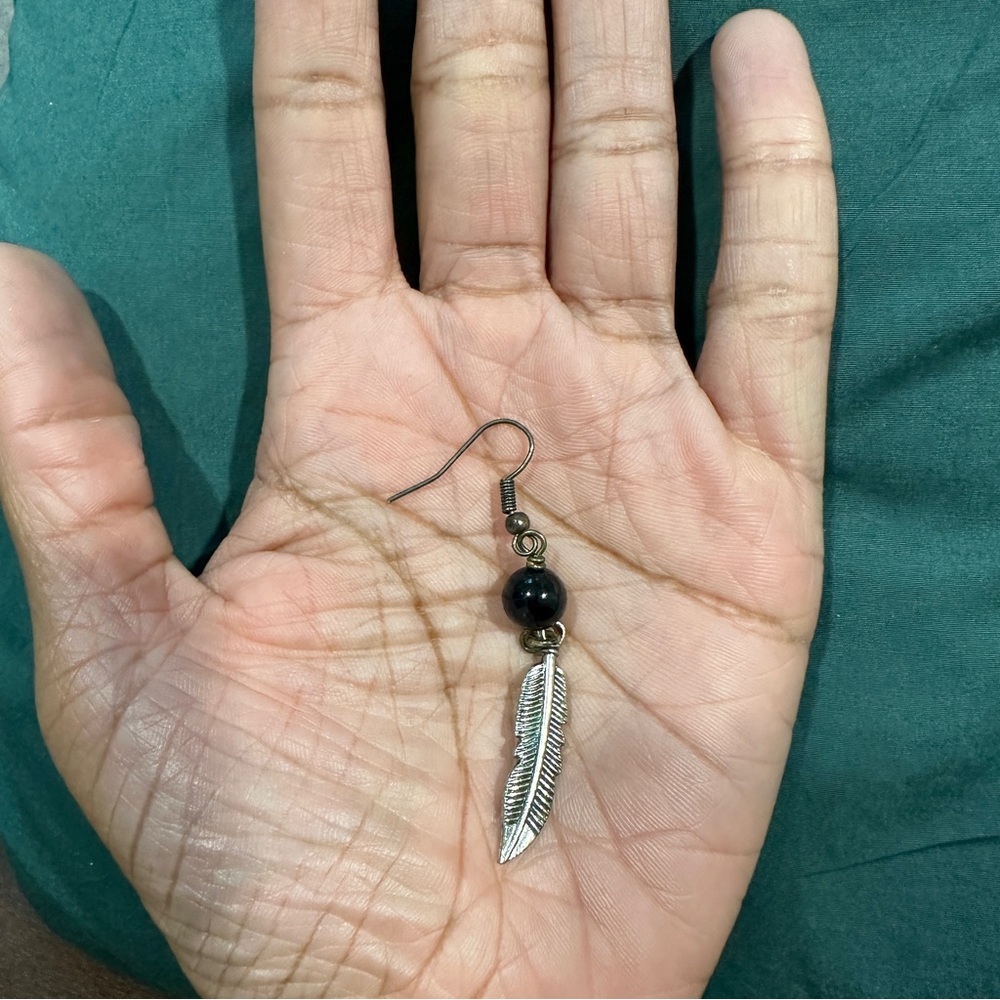 Single Black Onyx feather dangly earring